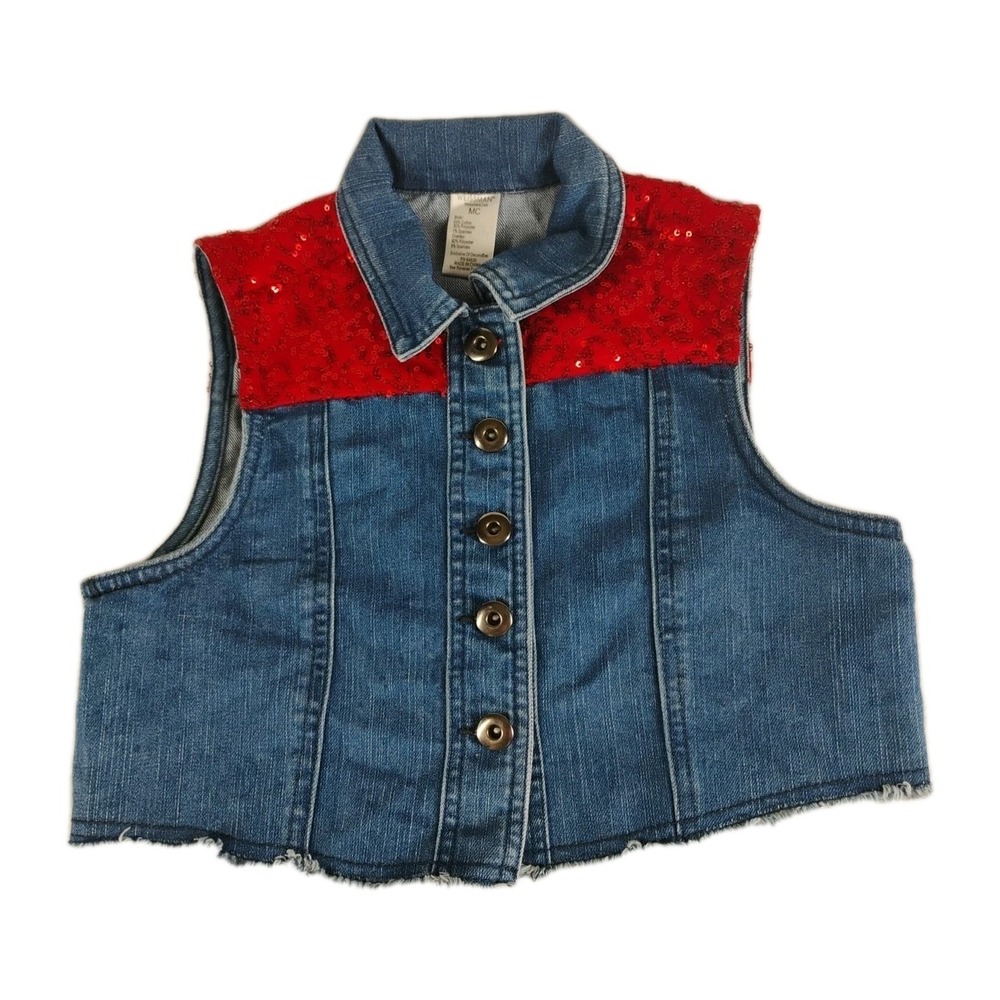 Weissman Girls MEDIUM MC Denim Jean Vest Western Cowgirl Fringe Sequin Christmas